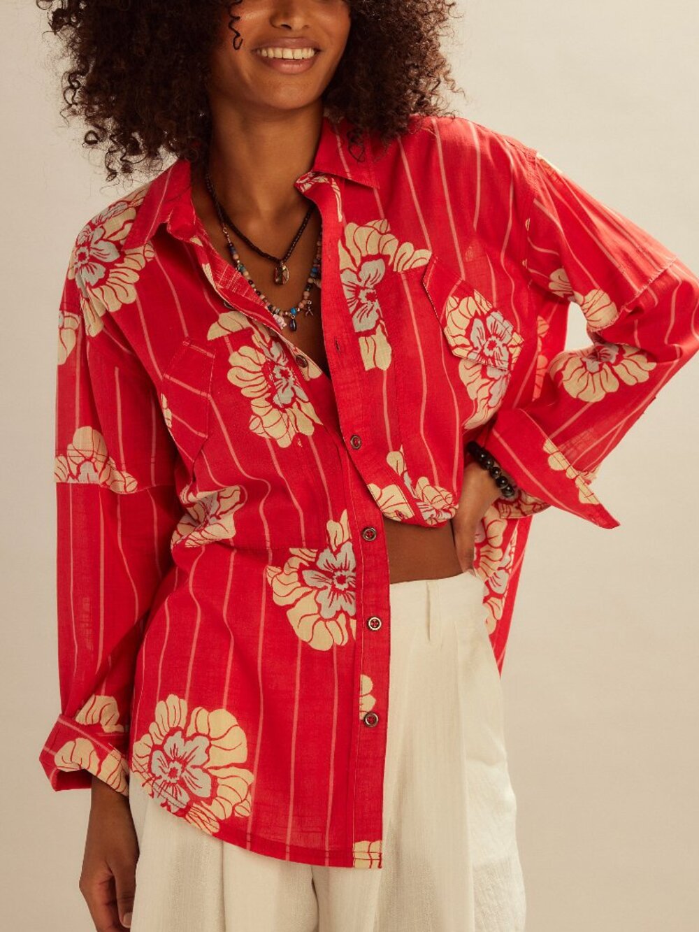 FREE PEOPLE We The Free Hidden Flower Camo Shirt / Cherry Combo